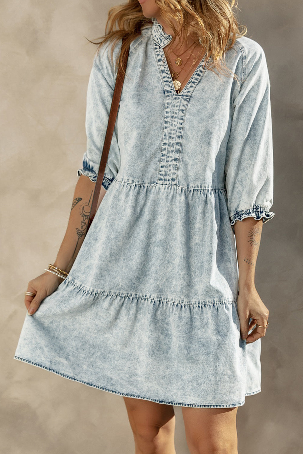 Zaylee Acid Wash Retro Half Sleeve Flared Denim Dress - Love Salve